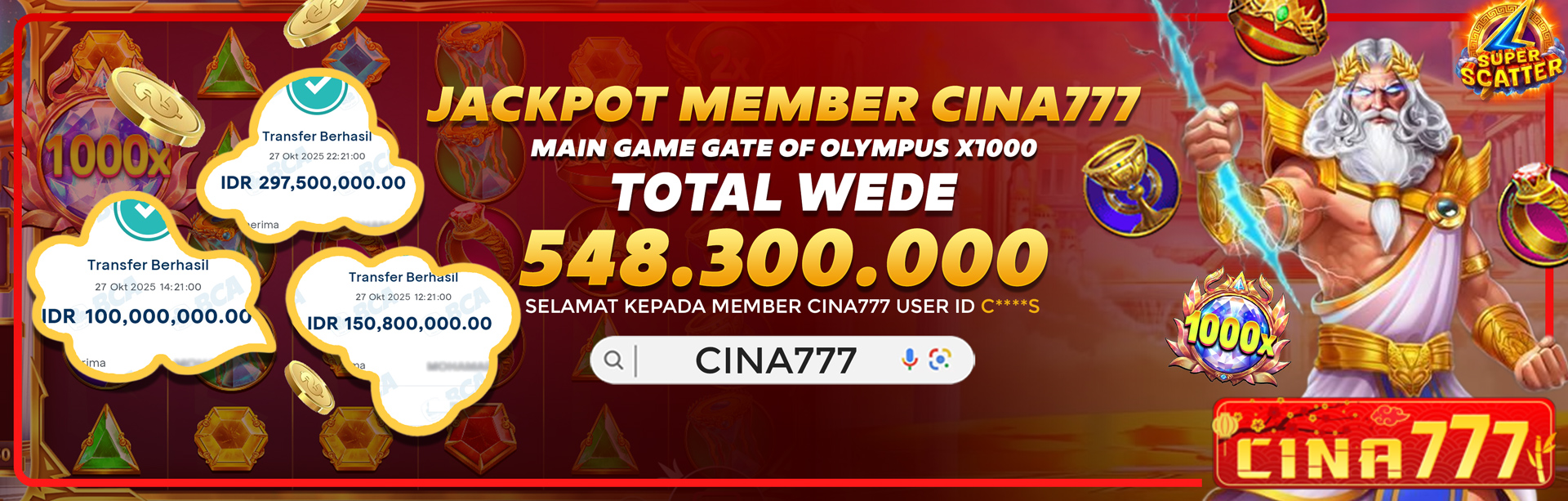 JACKPOT MEMBER CINA777 GATES OF OLYMPUS X1000