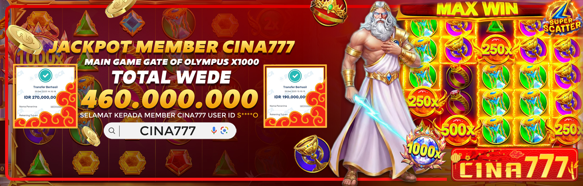 JACKPOT MEMBER CINA777 GATES OF OLYMPUS X1000